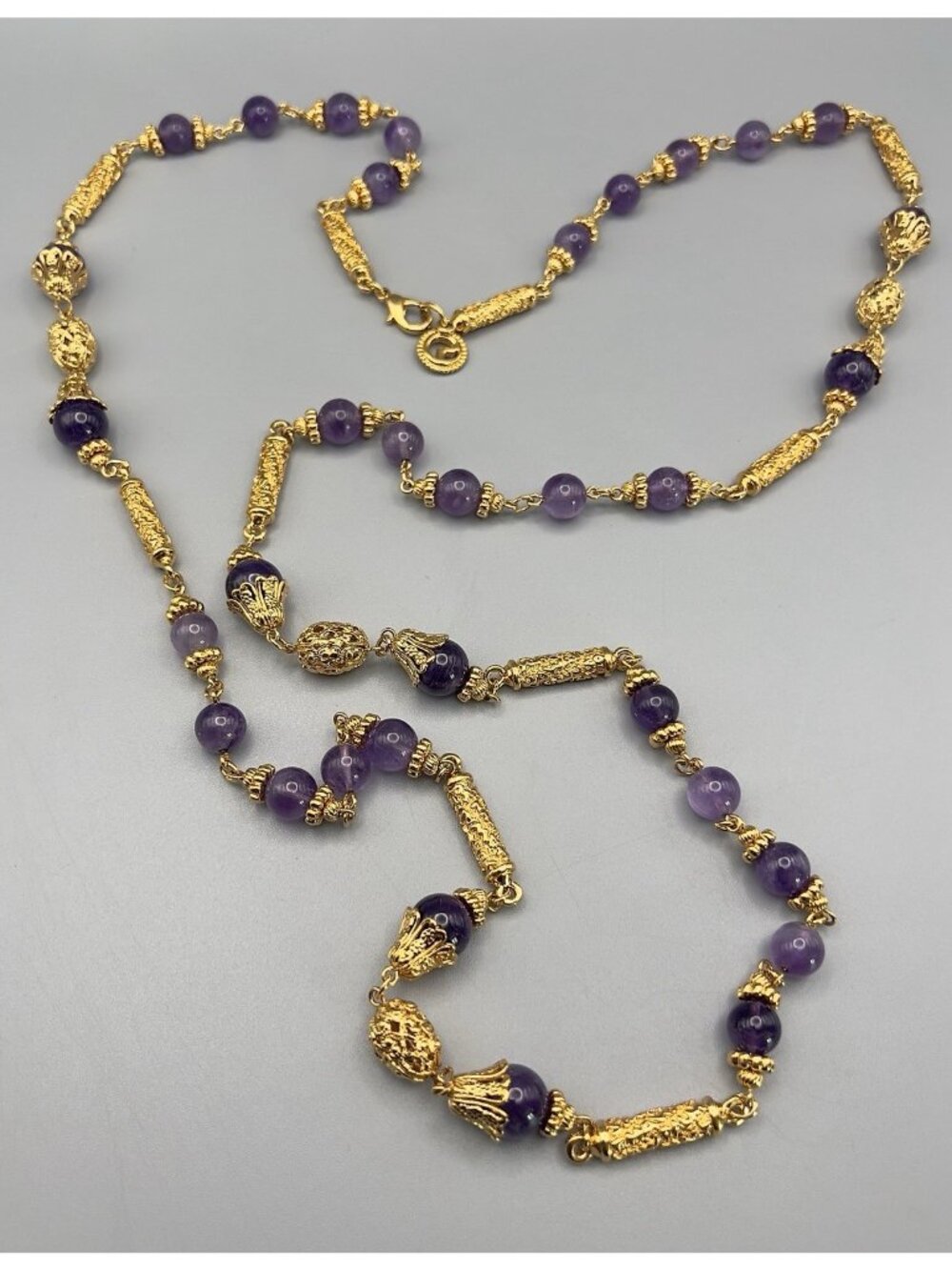 ST JOHN Luxury Runway Statement Long Strand Necklace 24k Gold Tone Purple Glass